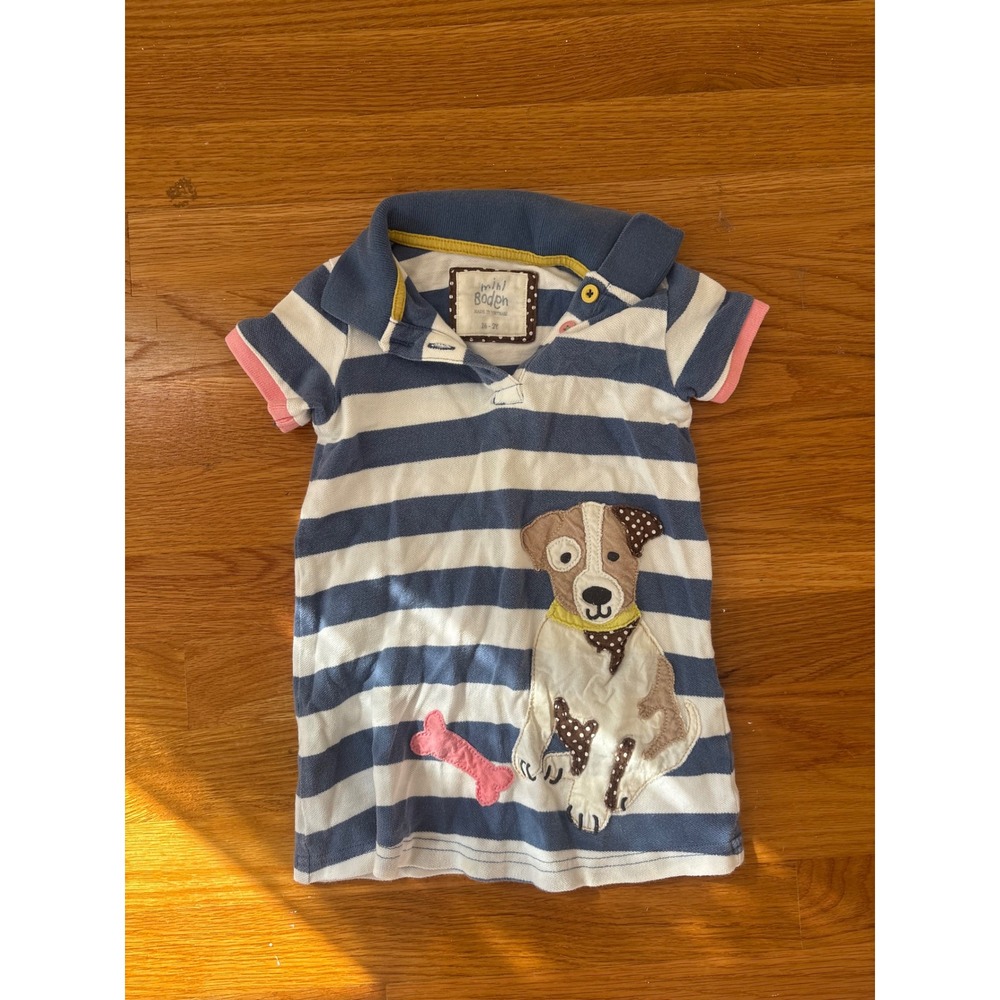 Mini Boden Girls Blue White Striped Dog Applique Polo Dress Size 18-24 Months